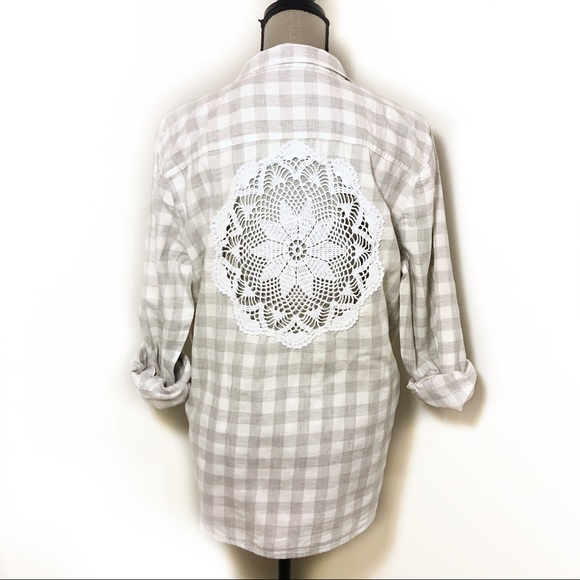 Boho Vintage Crochet Doily Checkered Plaid Flannel - Picture 2 of 8